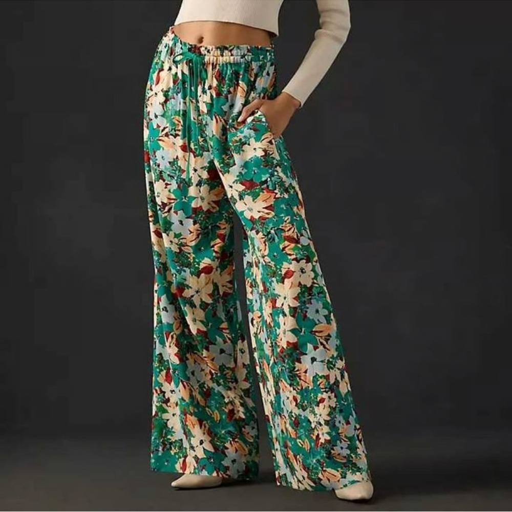 Anthropologie Plenty by Tracy Reese Green and Cream Floral Wide-Leg Pants NEW